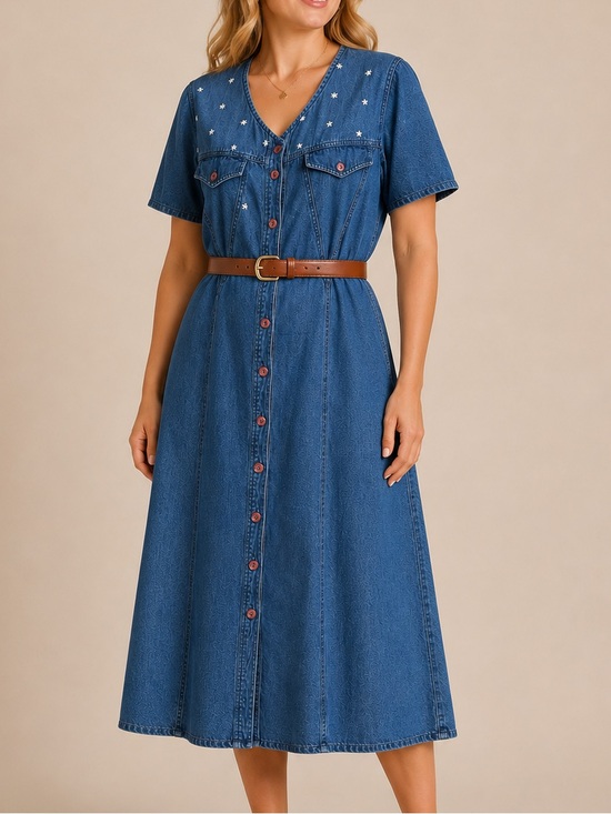 Cool Plus Dresses & Skirts - VTG 90s 100% Cotton Cool Plus Denim Button Front Midi Dress Embroidered XL Y2K